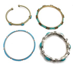 Lot Of 4 Silver Tone Turquoise Color Bracelets