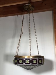 Beautiful Antique Hanging Light Fixture - Cranberry Glass - Pale Green Cabochons - Very Pretty Piece !