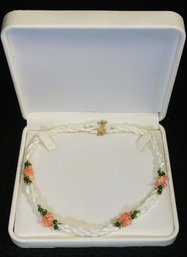 Pretty Mother Of Pearl, Coral And Jade Bead Twist Necklace