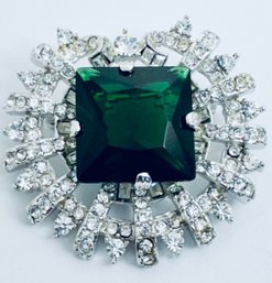 GORGEOUS SILVER TONE FAUX EMERALD WHITE SPARKLING RHINESTONE BROOCH