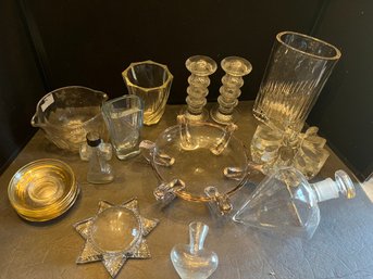 10 Piece Clear Glass Lot Vase, Candlesticks, Decanter, Ashtray