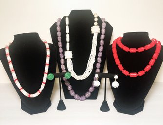 Four Fun And Colorful Necklaces & Three Clip On Earrings ( Only Two Shown )