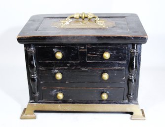 Antique Ebonized Wood And Brass Footed Jewelry Box Having Several Small Drawers