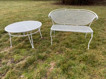 Pair Of Vintage Wrought Iron Patio Furniture, Bench And A Round Cocktail Table.