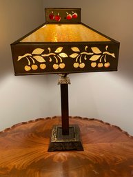 Vintage Stained Glass Cherry Stencil Motif Shade And Cast Brass Base Desk Lamp 22in