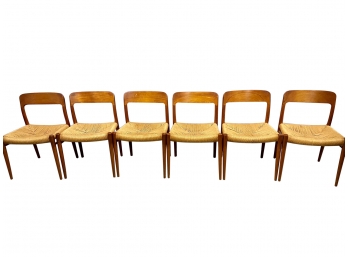 Fabulous Set Of Six MCM Wood Framed Rush Seat Side Chairs