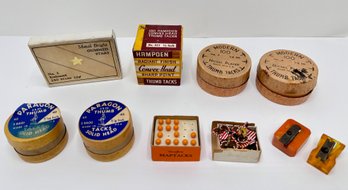 6 Boxes Of Vintage Tacks, Bakelite Pencil Sharpeners, Gummed Stars & More