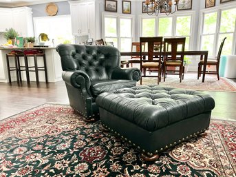 Woodmark Originals Green Button Tuft Leather Armchair With Ottoman