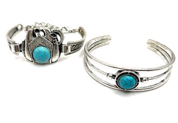 Lot Of Two Silver Tone Turquoise Color Bracelets
