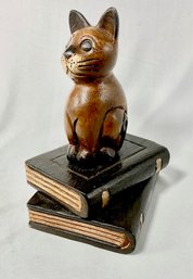 Vintage Wooden Cat On Books Figurine