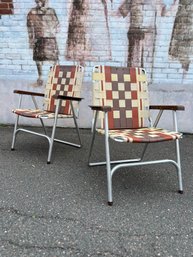 Vintage Folding Webbed Aluminum Lawn Patio Chair - Lot Of Two