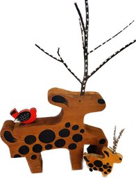 2 Folk Art Wood Reindeer: Large W/cardinal 14.5' L X 26' H - Small Reindeer 9' H X 5.5' Wide ( READ Desc)