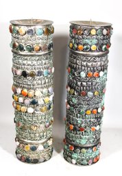 Pair Tall India Indian Cylindrical Candle Holders Having Hard Stones