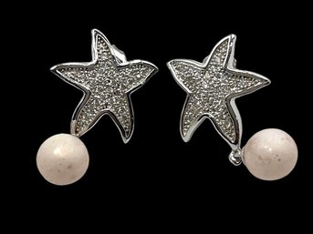 Sterling Silver Textured Sparkle Star Earrings With Dangle Pearl Accents