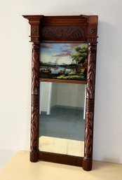 Beautiful Antique Carved Walnut Mirror With Reverse Paint On Glass