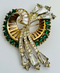 QUALITY GORGEOUS ART DECO GOLD AND SILVER TONE GREEN AND WHITE RHINESTONE BROOCH OR PENDANT