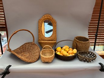 Lot Of Baskets And Wicker Mirror Shelf
