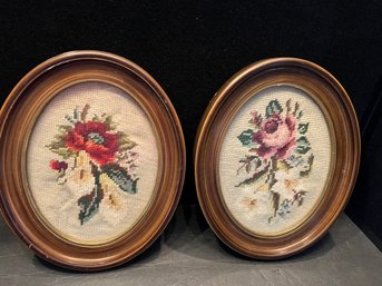 Pair Of Framed Floral Needlepoints