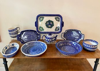 Beautiful Cobalt Blue Pottery Eleven Piece Collection, Made In Poland