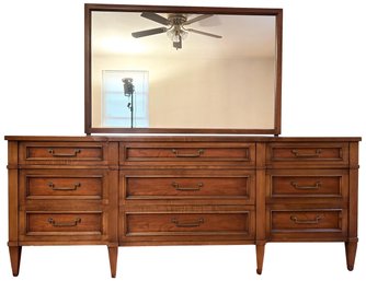 Mid-century Modern Nine Drawer Solid Wood Triple Dresser With Matching Mirror