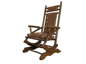 Antique Eastlake Victorian Turned Walnut Platform Rocking Chair With Vibrant Upholstery - C.late 1800s