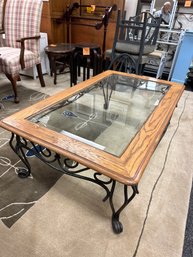 Heavy Metal Base And Beveled Glass Oak Coffee Table