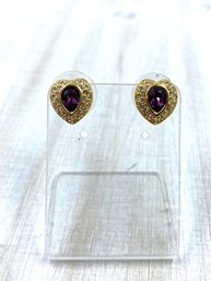 Vintage Signed Swarovski Goldtone Heart Earrings W/ Austrian Crystal Stones