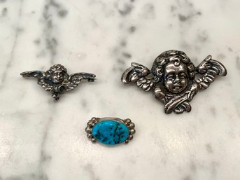 Sterling Pins Including Cherubs & Turquoise