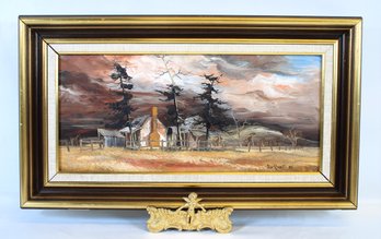 Framed And Signed Three Pines Oil On Board Painting By Peter Edwards 80'