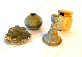 Studio Pottery 4 Pieces With Bowls, Candle Holder And Font