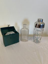 Drink Shaker, Coasters And Vintage Glass Bottle