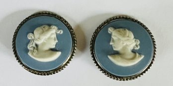 VINTAGE STERLING SILVER BLUE WEDGWOOD CLIP-ON EARRINGS