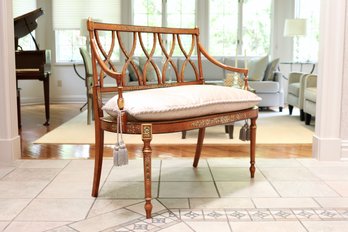 Sheraton Style Settee With  Cane Seat And Removable Tasseled Silk Custom Bench Cushion