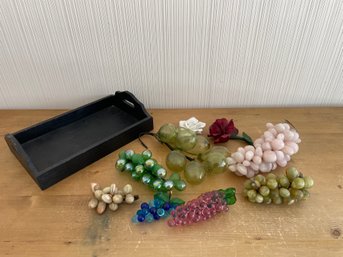 Wooden Tray With Lot Of Glass And Polished Stone Fruits Grapes