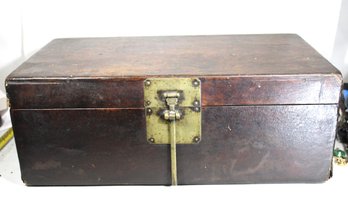 Antique Chinese Wood Box Having Brass Hasp And Paper Lined