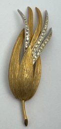 SIGNED COROCRAFT GOLD & SILVER TONE RHINESTONE LEAF BROOCH