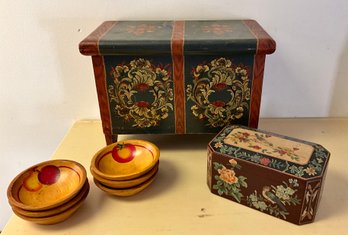 2 Wood Painted Boxes & 6 Painted Wood Salad Bowls