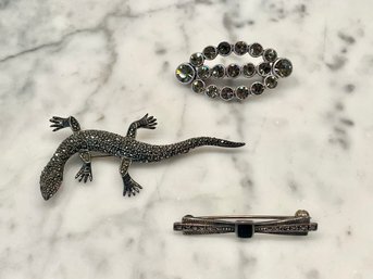 Three Silver Brooches Including Lizard & Art Deco Bar Pin