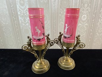 Victorian Brass And Pink Candle Holders