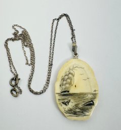 SIGNED VINTAGE HAND CRAFTED SCRIMSHAW OF WHALE AND SHIP NECKLACE