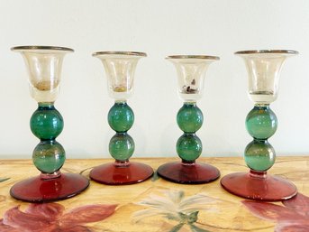 A Set Of 4 Art Glass Candlesticks By Krosno Of Poland