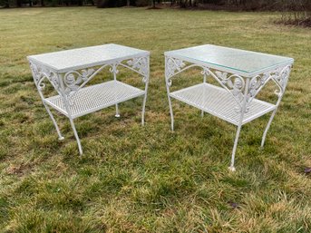 Pair Of Vintage Wrought Iron And Glass Top Side Tables With Rose Motif.