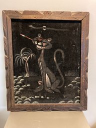 Vintage Pink Panther  Painting On Velvet Wood Frame