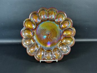 A Vintage Carnival Glass Egg Plate By Indiana Glass, Hobnailed