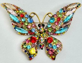 LARGE STUNNING GOLD TONE COLORFUL RHINESTONE BUTTERFLY BROOCH