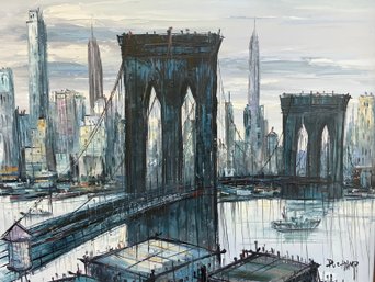 Mid Century Modern Brooklyn Bridge Painting On Canvas