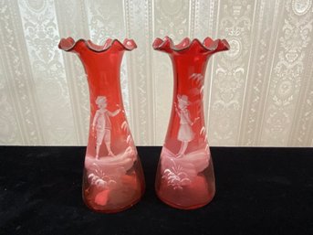 Mary Gregory Red Etched Vase