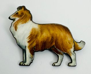 VINTAGE STERLING SILVER ENAMELED COLLIE DOG BROOCH