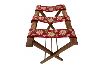 Antique Folding Luggage Rack With Needlepoint Straps