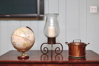 Bubble Glass Hurricane  Pillar Candle Lamp With Wrought Iron Scroll Base And Copper Steamer Pot And Globe